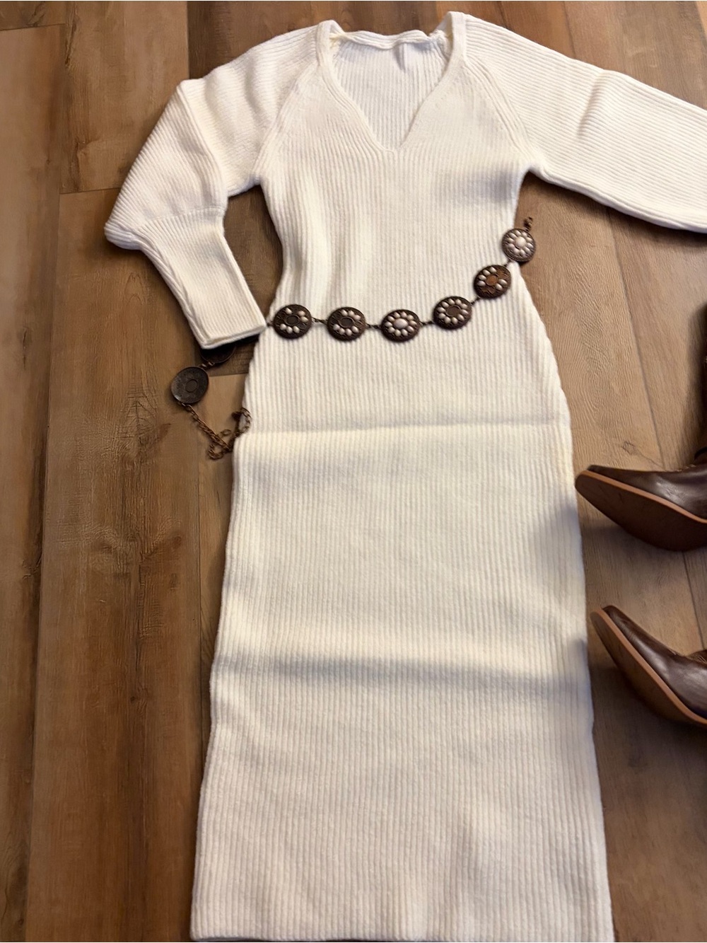 Cream Ribbed V-Neck Long Sleeve Bodycon Dress